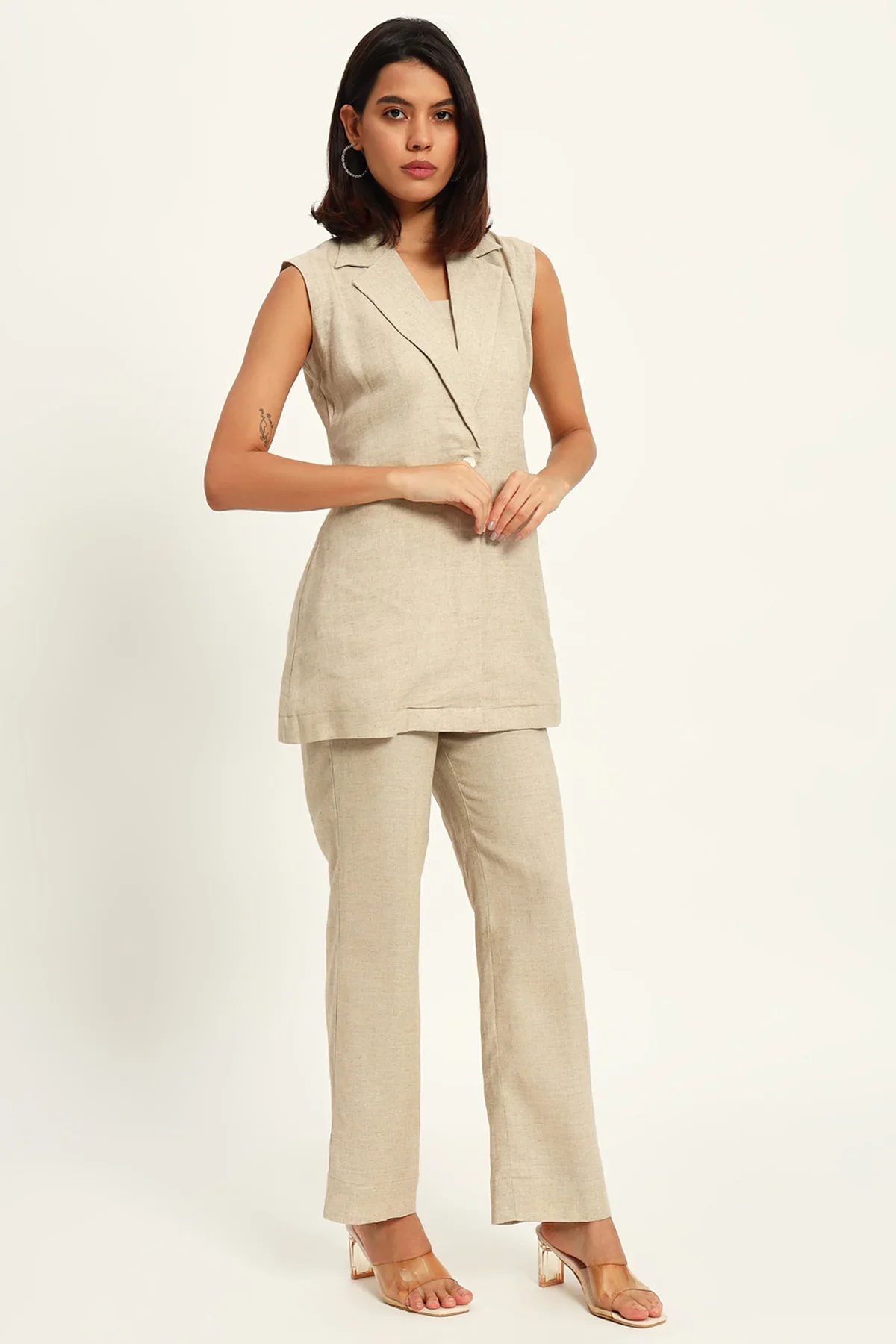 Versatile Linen Trio Jacket Co-ord Set, Beige - Image 5