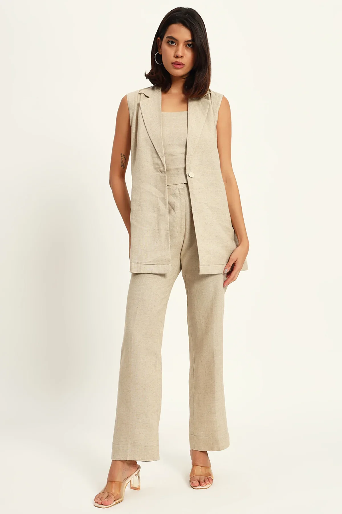 Versatile Linen Trio Jacket Co-ord Set, Beige - Image 6
