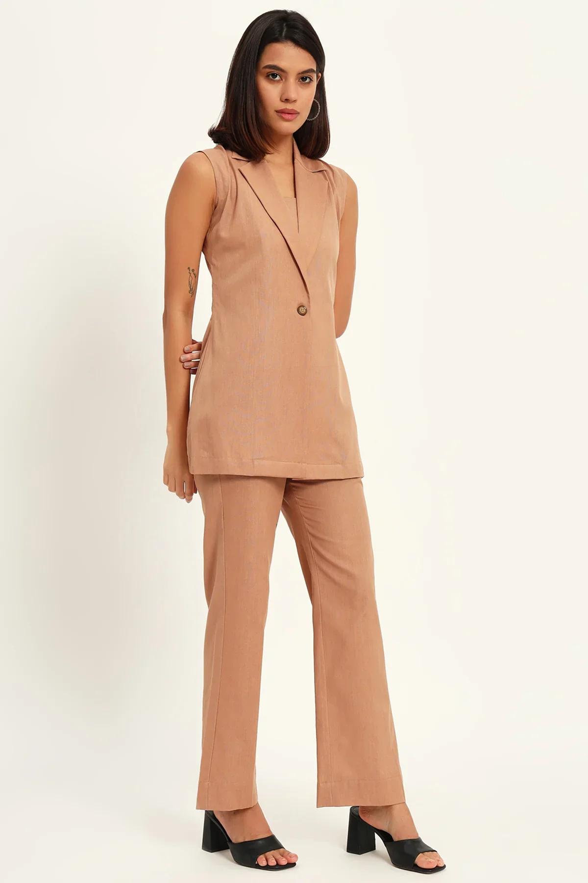 Versatile Linen Trio Jacket Co-ord Set, Camel - Image 4